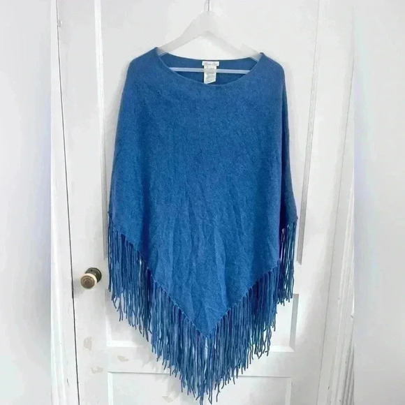 Minnie Rose Cashmere Blue Cowl Neck Open Stitch Poncho with Fringe One Size - Picture 1 of 4